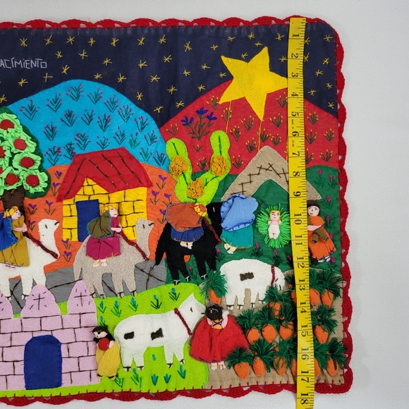 Vtg Handmade Peruvian Folk Art Nativity Scene Cotton Arpilleria - 3D Fabric Art - Picture 14 of 16